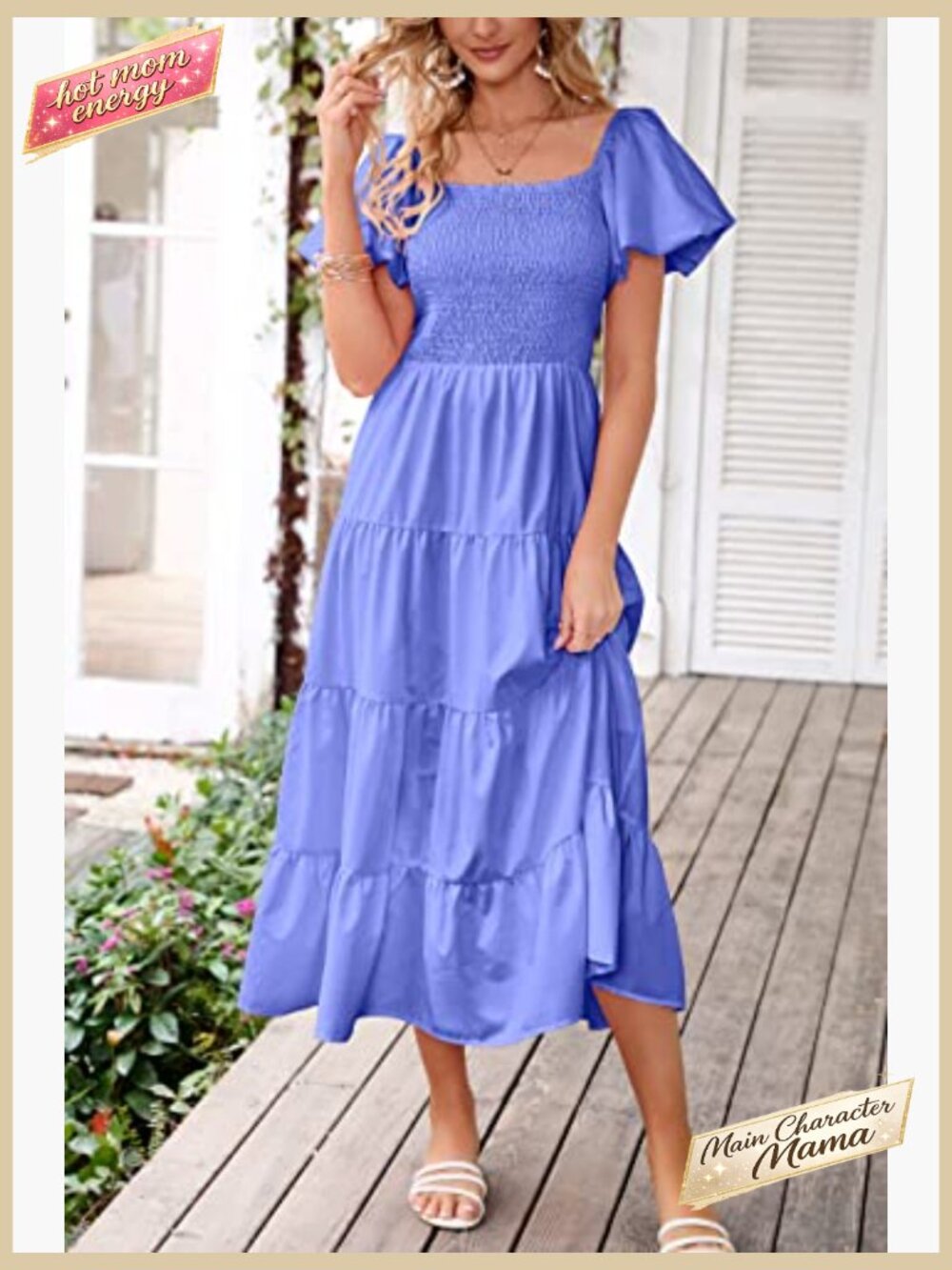 Tiered Square Neck Puffy Sleeve Midi Dress Smocked A-Line Spring Casual - Picture 5 of 7